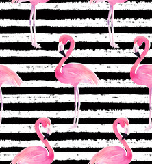 Watercolor seamless pattern. Exotic flamingo with white shadow on striped background. Summer decoration print © natikka