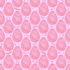 Vector seamless pattern of red easter ornate eggs with pink background