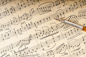 The music manuscript, written with pen and ink
