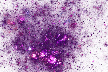 Abstract purple sparkles and drops on white background. Fantasy fractal texture. Digital art. 3D rendering.