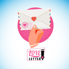 Hand with love letter. typographic design - vector