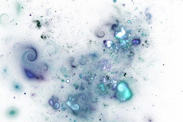 Abstract blue sparkles and curls on white background. Fantasy fractal texture. Digital art. 3D rendering.
