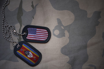 army blank, dog tag with flag of united states of america and swaziland on the khaki texture...