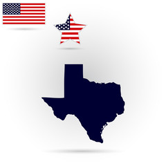 Map of the U.S. state of Texas on a gray background. American flag, star