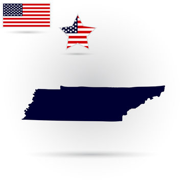 Map of the U.S. state of Tennessee on a gray background. American flag, star