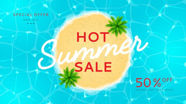 Web banner for summer sale. Top view on island with palm trees. Vector illustration with special offer of season. Background with water texture.