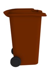 Beside view of brown garbage wheelie bin with a closed lid on a white background, 3D rendering