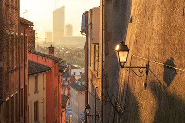 View at Part Dieu from a  charming, narrow alley in Vieux Lyon, the old town of Lyon. - obrazy, fototapety, plakaty