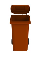 Front view of brown garbage wheelie bin with a open lid on a white background, 3D rendering