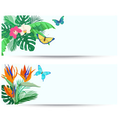 Fototapeta na wymiar Two banners with tropical leaves, flowers and butterflies