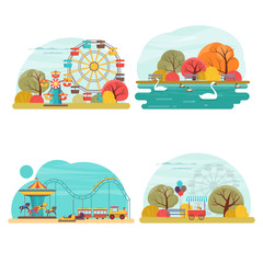 Set of amusement park scenery with attraction, carousel and water rides
