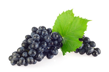 Bunch of blue organic grapes with green leaf, isolated on white