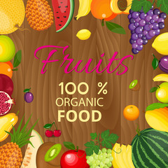 Healthy fruits and vegetarian food banners on green blackboard. Fresh organic food, healthy eating vector background with place for text.