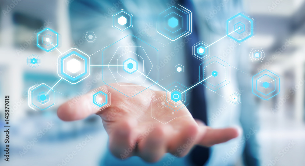 Poster Businessman using digital screens with holograms datas 3D rendering