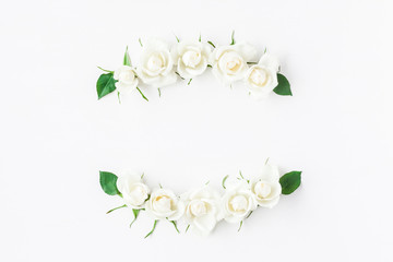 Flowers composition. Wreath made of white rose flowers. Flat lay, top view