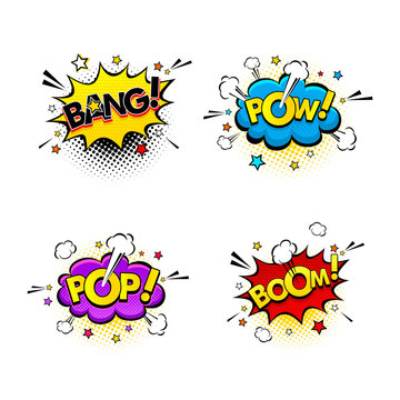 Comic speech bubbles and splashes set with different emotions and text Bang, Pow, Pop, Boom. Vector bright dynamic cartoon illustrations isolated on white background.