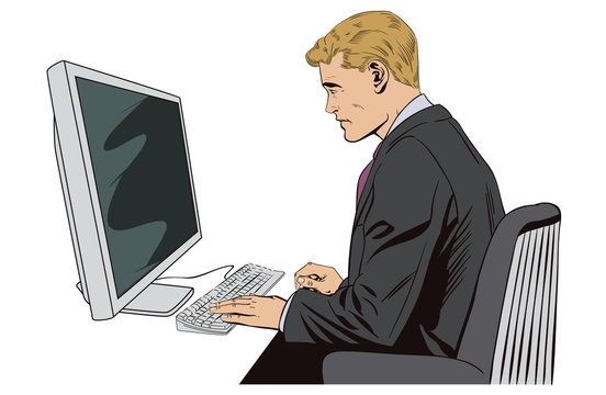 Businessman working on computer. Stock illustration.