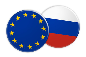 News Concept: EU Flag Button On Russia Flag Button, 3d illustration on white background