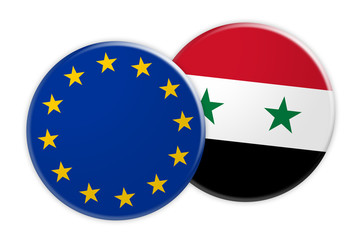 News Concept: EU Flag Button On Syria Flag Button, 3d illustration on white background