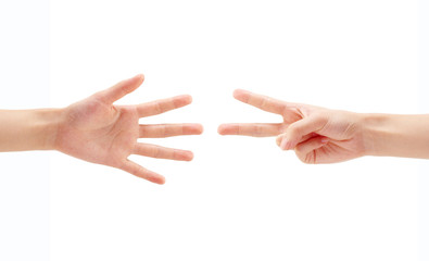 Rock paper scissors hands isolated with clipping mask.
