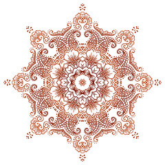 Circular floral ornament Mehndi. Henna Tattoo Mandala, Yantra brown. Vintage vector banner frame card for text invitations for wedding birthday celebration, white background indian, ethnic, boho