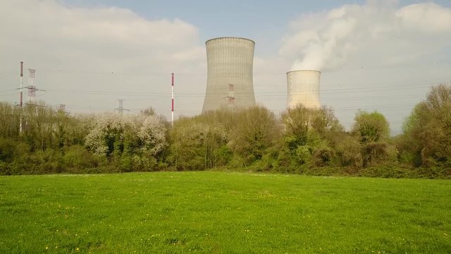 Nuclear Power plant with two cooling towers in Belgium. 4K
