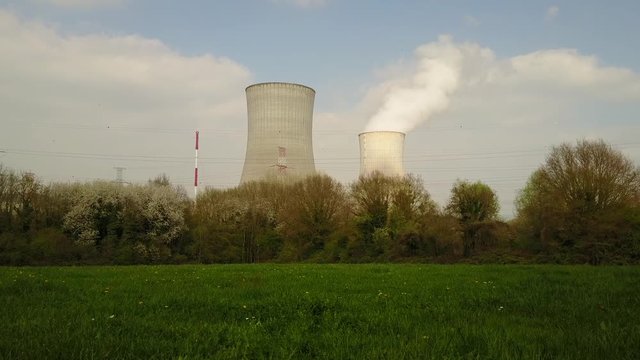 Nuclear Power plant with two cooling towers in Belgium. 4K