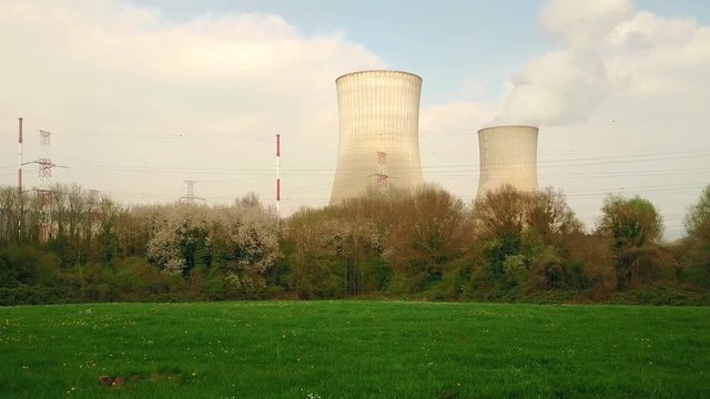Nuclear Power plant with two cooling towers in Belgium. 4K