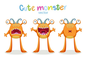 Cute Cartoon Monsters Emotions. Vector Set Solated On White Background. Cute Animal Monster Expressions And Emotions.