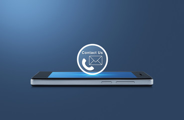 Telephone and mail icon button on modern smart phone screen over gradient blue background, Contact...