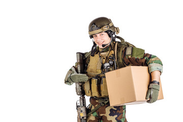 Fototapeta premium Soldier Holding Shipping Box