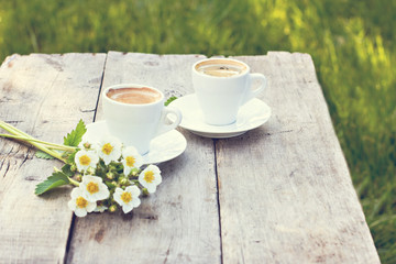 espresso and spring flowers