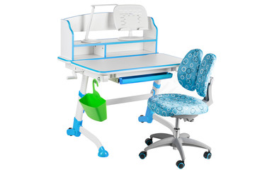 Blue chair, blue school desk, green basket and desk lamp