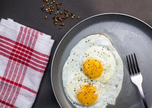 Two fried eggs in pan - overhead photo