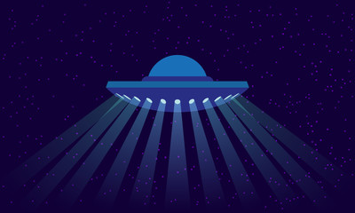 UFO with rays of light on outer space background. Alien spaceship illustration in a flat style.