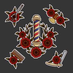 Tools for barbershop. Vector illustration of flowers and tools for men's haircuts in a hipster style.Tatto and stickers of barbershop tools