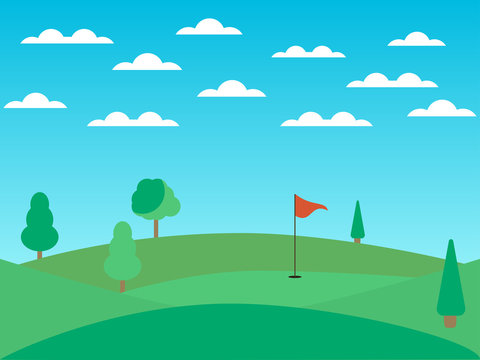 Golf course with a hole and a red flag. Landscape with green fields and trees. Sunny day. Vector illustration
