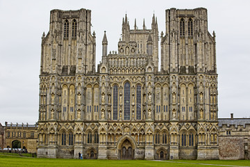 The facade of the City of Wells Cathedral, Wells, Somerset, England, UK.