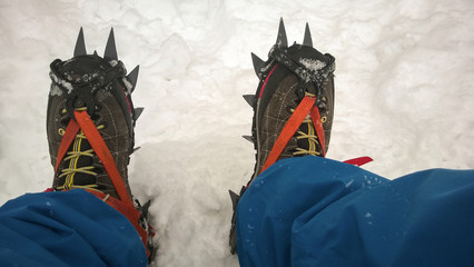 trekking shoes, crampons for mountaineering