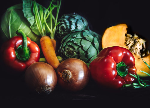 Close Up Of Fresh Vegetables On Dark Background.