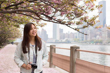 Young Female Tourist Walking under Cherry Blossom Tree in Roosevelt Island, New York