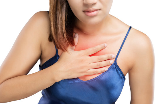 Woman with symptomatic acid reflux or heartburn, isolated on white background