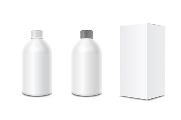 Cosmetic bottles for cream, shampoo with package box. Blank vector mock up illustration