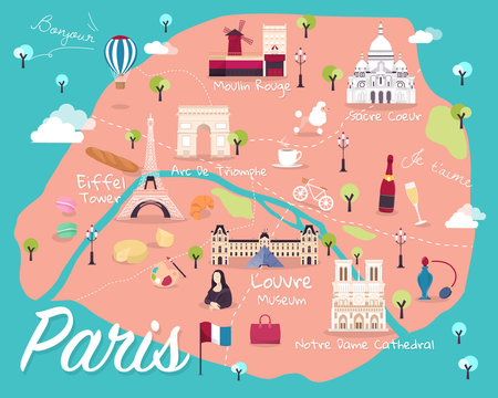 Map Of Paris Attractions Vector And Illustration.