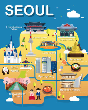 Map Of Seoul Attractions Vector And Illustration.