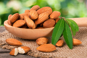 heap of peeled almonds with leaf in a wooden spoon on table blurred garden background