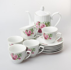tea set or porcelain tea set on background.