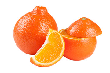 two orange tangerine or Mineola with slices isolated on white background