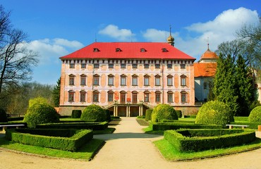 Fototapeta na wymiar Castle Libochovice with french style gardens. Front view. Libochovice, Litomerice district, Usti nad Labem region, Czech Republic