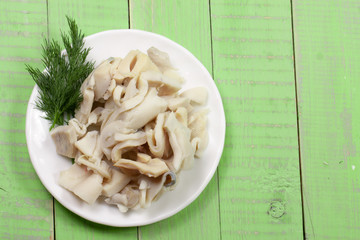sliced squid on a plate on a green wooden background © kolesnikovserg